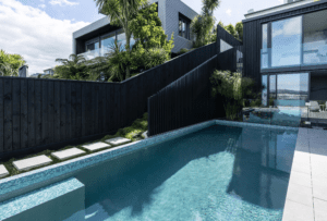 Pool with contrast black fence